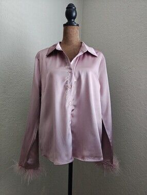 Mauve Nordstrom Rack Satin button-down shirt With Feather Trimmed Cuffs